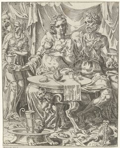 Judith a Holofernes si užívají hostinu Judith a Holofernes (název série) od Dirck Volckertsz. Coornhert (attributed to)