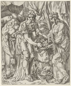 Judit strčí Holofernovu hlavu do tašky Judit a Holofernes (název série) od Dirck Volckertsz. Coornhert (attributed to)