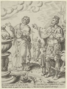 Král Jarobeám a muž Boží před oltářem Příběh neposlušného muže Božího (název série) od Dirck Volckertsz. Coornhert (attributed to)