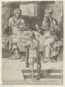 Jídlo Božího muže a starého proroka Příběh neposlušného muže Božího (název série) od Dirck Volckertsz. Coornhert (attributed to)