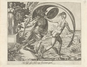 No Shield Protects against Misfortune; The Greater your Fortune, the Bigger your Sorrows Men kan zich niet verdedigen tegen het lot Het helpt gheen schilt tegen fortuinen ganck (title on object) Spreekwoorden over Fortuna (series title)   1362487   cs      od Dirck Volckertsz. Coornhert (attributed to)