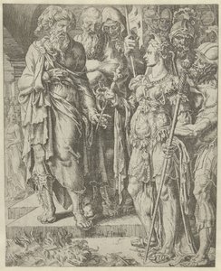 Tamar ukazuje zástavu Historie Judy a Tamar (název série) od Dirck Volckertsz. Coornhert (attributed to)