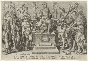 Císař Karel V. obklopený svými poraženými protivníky Vítězství Karla V. (název série) Divi Caroli. v. imp. opt. max. victoriae, ex multis praecipuae (název série)