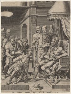 Nemilosrdný služebník předvedený před krále od Dirck Volckertz Coornhert, after Maerten van Heemskerck