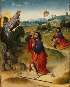 Mojžíš a hořící keř, s Mojžíšem, který si sundal boty, asi 1465