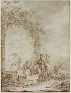Frontispis pro album kreseb: Rolníci u fontány, 1784. od Dirk Langendyk