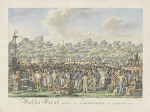 Folkový festival na počest příjezdu Willema Frederika George Lodewijka, dědičného prince Nizozemska a Anny Pavlovny, velkovévodkyně Ruska Populární festival slavený v Haagu 6. září 1816 (název na předmětu) od Dirk Sluyter