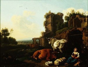 Krajina s pastýřkou, cca 1670 (olej na panelu) od Dirk van Berghen