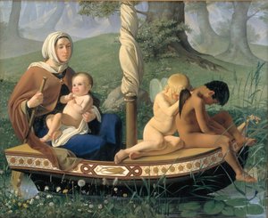 Infancy. From the series: The Four Ages of Man   1267701   cs       czech Successfully Translated  Original: Mountainous Landscape with a Fortress Berglandschap met ruïne, een hoge boom en herder met vee Translat: Mountainous Landscape with a Fortress Berg