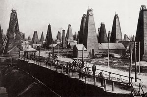 Ropné vrty v Baku na Kaspickém moři, Rusko, c1890