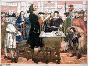 Prezentace nováčků. Car Petr I. Veliký (1672-1725) přijímá a identifikuje nové dvořany a mladé aristokraty v Rusku. Za carem, v modrém obleku a klobouku pod paží, s obličejem