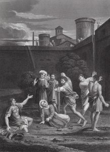 Ukamenování svatého Štěpána, Skutky, kap. VII, verš 54, 60 (rytina) od Domenichino (1581 1641) (after)