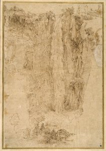 Krajina s kaskádou; u nohou dva muži, jeden namontovaný (pero a hnědý inkoust na papíře) od Domenichino