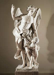 Anděl strážný, cca 1724, Domenico Antonio Vaccaro (1678-1745), mramorová socha, výška 190 cm, antisakristie baziliky San Paolo Maggiore, Neapol, Kampánie, Itálie