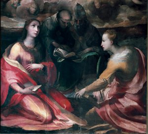Kristus korunující Pannu Marii a Čtyři světci, detail: Svatá Máří Magdaléna, Svatý Antonín Paduánský (san antonio di padova), Papež Saint Gregoire I nebo Velká a svatá Kateřina Alexandrijská. Obraz Domenica Beccafumiho (1486-1551) od Domenico Beccafumi