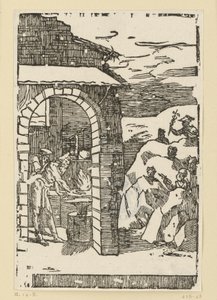 Volání kovů. Héfaistos (Vulcan) a učenec stojí u ohně v kovárně, zatímco venku ve skalách se skrývají bohové (jako zástupci kovů): Saturn (olovo), Jupiter (cín), Venuše (měď), Luna (stříbro), Merkur (rtuť od Domenico Beccafumi