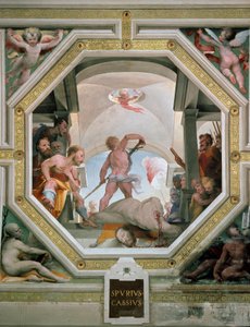 Dekapitace Spuria Cassia Vecellina nebo Viscellina popravená jeho otcem za to, že se v roce 485 př. n. l. zvažoval stát králem Freska od Domenica di Giacomo di Pace dit Beccafumi (1486-1551) 1529-1535 Siena (Siena), Palazzo Pubblico od Domenico Beccafumi