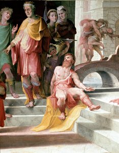 Oběť Seleuca de Locres (Seleucus de Locride) Seleucos, aby oslepil svého syna, aby ho potrestal za znásilnění, kterého se dopustil, raději zemře jedno ze svých očí. Freska od Domenica di Giacomo di Pace dit Beccafumi (1486-1551). Detail. 1529-1535 Si od Domenico Beccafumi