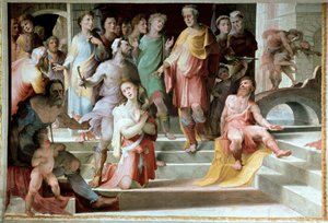 Oběť Seleuca de Locres (Seleucus de Locride) Seleucos, aby oslepil svého syna, aby ho potrestal za znásilnění, kterého se dopustil, raději zemře jedno ze svých očí. Freska od Domenica di Giacomo di Pace dit Beccafumi (1486-1551) 1529-1535 Siena, Pala od Domenico Beccafumi