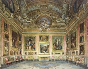 Interiéry Palazzo Pitti, Florencie: Sala di Saturno s Peruginovým „Nářkem“ lemované obrazy Fra Bartolommea a Raphaela, 1871 od Domenico Caligo