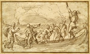 Kristus a svatý Petr jdou po vodě (pero a hnědý inkoust na papíře) od Domenico Campagnola