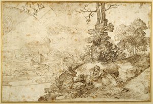 Krajina s astrologií (pero a hnědý inkoust na papíře) od Domenico Campagnola