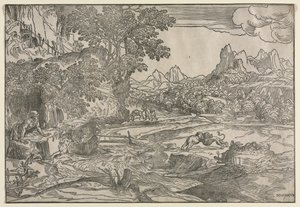 Krajina se svatým Jeronýmem a dvěma lvy, c. 1530-35. od Domenico Campagnola