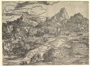 Krajina s rodinou kráčející spolu v popředí, vlevo dvě postavy s ..., ca. 1535-40. od Domenico Campagnola