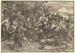 Marie sedící pod stromy s dítětem, po stranách Josefa zleva a sv. Jeronýma zprava, St..., 1517. od Domenico Campagnola