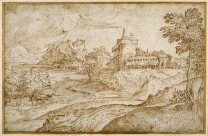 Hornatá krajina s hradem a dalšími budovami u řeky; muž spěchající se ženou, vpravo, kolem 1540 (pero a hnědý inkoust na bílém papíře) od Domenico Campagnola