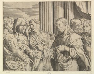 The Tribute Money: Kristus uprostřed vpravo ukazuje na muže po své levici s mincemi ..., ca. 1564-89. od Domenico Campagnola