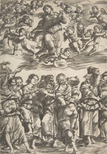 Panna nahoře uprostřed v oblacích se sepjatýma rukama a zdviženou pravou nohou, obklopená..., 1517. od Domenico Campagnola