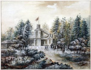 Pavillon de chasse Crack, dům Pavlovsk - Krak v Pavlovsku - Domenico Felice Lamoni (1745-1830). Akvarel a bílá barva na papíře, po roce 1778. Státní muzeum historie Petrohradu