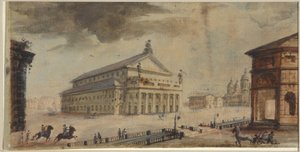 Petrohradské císařské divadlo Velkého Kamenného - Domenico Felice Lamoni (1745-1830). Akvarel a bílá barva na papíře, před rokem 1783. Státní muzeum historie Petrohradu