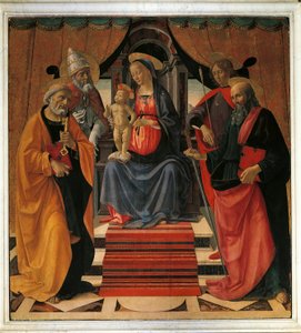 Svatý rozhovor. Panna Maria a Ježíš Kristus obklopeni sv. Petrem, sv. Pavlem, sv. Šebestiánem a papežem sv. Klimentem (obraz od Domenico Ghirlandaio