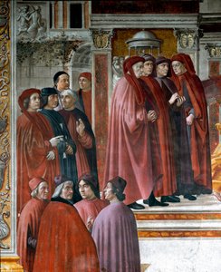 Oznámení učiněné v Zechariah (Zaccharia) Níže vlevo jsou myslitelé a intelektuálové Marsile Ficin (Ficino), Cristoforo Landino, Angelo Poliziano a Demetrios Chalkondyles (Calcondila). Detail. Freska od Domenica di Tommaso Bigordi dit Ghirlandaio (14 od Domenico Ghirlandaio