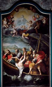 Svatý Mikuláš uklidňuje bouři. Obraz Domenica Fiasella dit il Sarzana (1589-1669) Sestri Ponente, Kostel Santa Maria dell