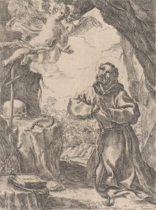 Svatý František z Assisi, klečící před krucifixem se dvěma anděly vlevo nahoře, 1643-44.