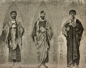 Svatí Tomáš, Mathew a Simon, karikatury Domenica Morelliho pro mozaiku v katedrále Amalfi, Itálie, kresba P Scoppetta, rytina z L