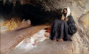 Pokušení svatého Antonína Poustevník svatý Antonín Veliký (251-356) je na poušti vystaven pokušením ďábla v podobě mladých žen. Obraz Domenica Morelliho (1826-1901) Sun. 137x225 cm Řím, Galleria od Arte Moderna