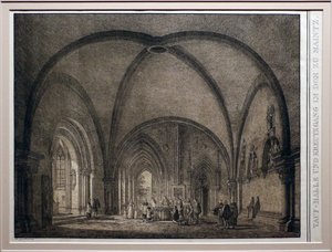 Domenico quaglio II, křtitelnice a křížová chodba katedrály v Mohuči, ze sbírky památných středověkých staveb v Německu, 1823, litografie od Domenico Quaglio the Younger