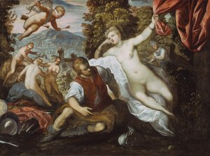 Venuše a Mars s Amorem a třemi Gráciemi v krajině od Domenico Robusti Tintoretto