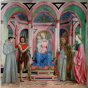 Oltářní obraz Santa Lucia dei Magnoli: Madona s dítětem se svatou Lucií, svatý Francois, Jan Křtitel a svatý Zanobi (Zenobie) Detrempe na dřevě od Domenica Veneziana (Domenico di Bartolomeo) (začátek 15. století-1461) 1455 cca. Slunce. 209x213 c