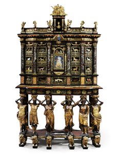 Skříň na stojanu Ludvíka XIV. (pozlacený bronz, pietra dura, želvovina, jasan, ebonizované a pozlacené) (viz také 1766356-7) od Domenico and Gobelins workshop (attr. to) Cucci