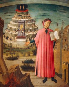 Dante Alighieri s Božskou komedií v ruce a horami očistce v pozadí, detail z Božské komedie, od Dante Alighieriho (1265-1321), od Domenica di Michelino (1417-1491), freska, Bazilika Svaté Marie Květinové, Florencie. Itálie, 1465