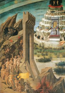 Postavy zatracených, detail z Danteho držícího Božskou komedii, freska od Domenica di Michelino (1417-1491), katedrála Santa Maria del Fiore, Florencie, Itálie