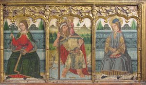Tabule Predella se svatou Brigitou, svatým Kryštofem a svatým Kiliánem z Retable, 15. století.