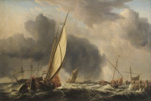 Rybářské lodě a Man o War in a Breeze u ústí řeky, 1771