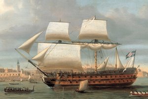 Foudroyant a Pégase vplouvají do přístavu Portsmouth, 1782 od Dominic Serres