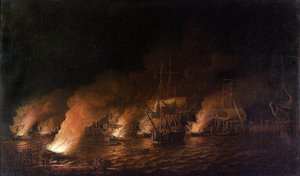 "Sedmiletá válka" (1756-1763): Francouzské válečné lodě útočí v noci 28. června 1759 na britskou flotilu u Quebecu (Kanada). od Dominic Serres